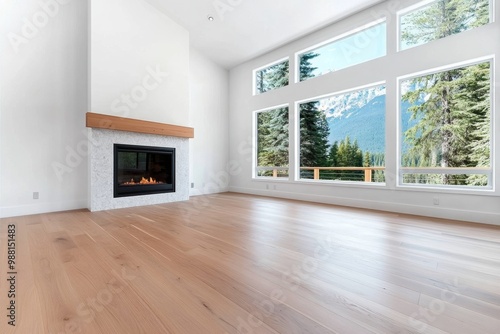 A spacious living room with a fireplace and large windows, showing off the elegant design and cozy atmosphere of a home