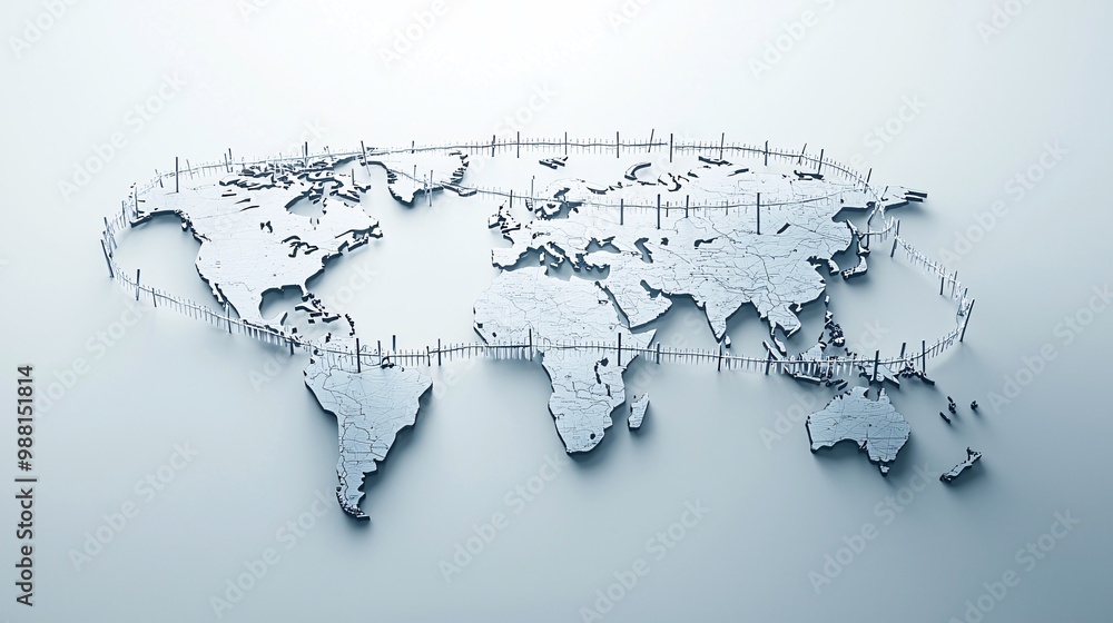 Naklejka premium A world map with fences and barriers drawn between continents, trade fencing, economic protectionism concept
