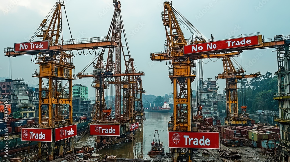 Industrial Port Cranes with No Trade and Trade Signs Industrial Port Cranes with No Trade and Trade Signs