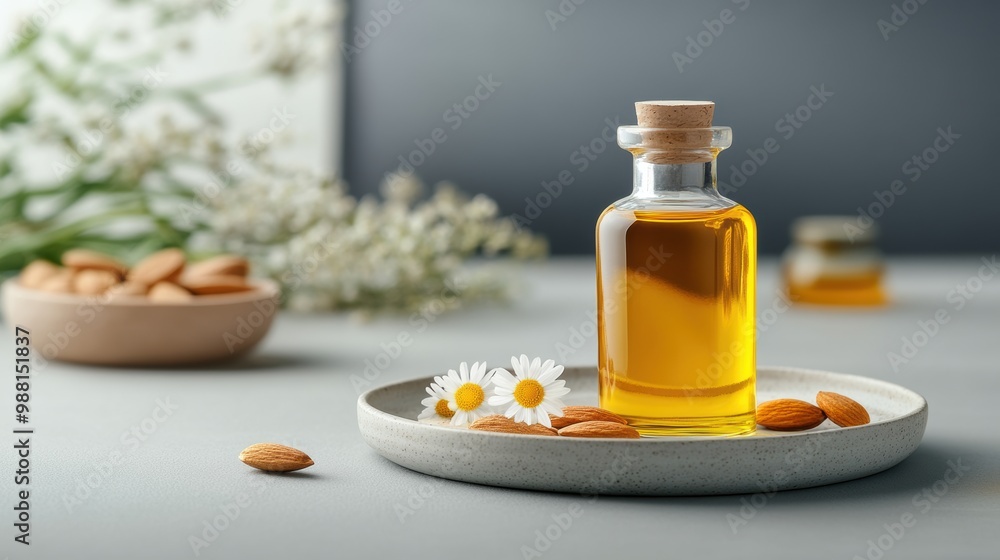 A beautiful setup featuring a glass bottle of oil, almonds, and daisies on a serene table, perfect for wellness and beauty. A beautiful setup featuring a glass bottle of oil, almonds, and daisies on a serene table, perfect for wellness and beauty.