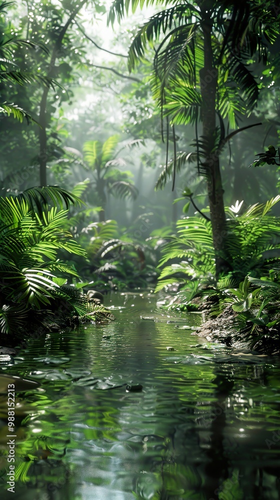 Tranquil Jungle Stream: Lush Greenery and Flowing Water Tranquil Jungle Stream: Lush Greenery and Flowing Water