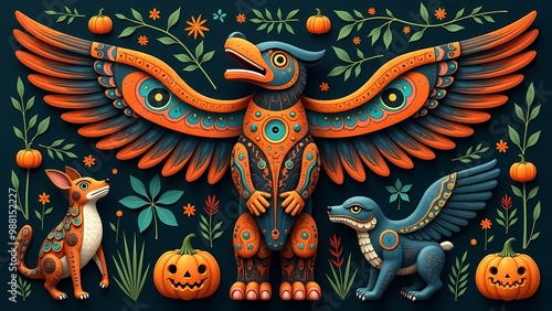 Colorful fantasy creatures celebrating Halloween with vibrant designs.