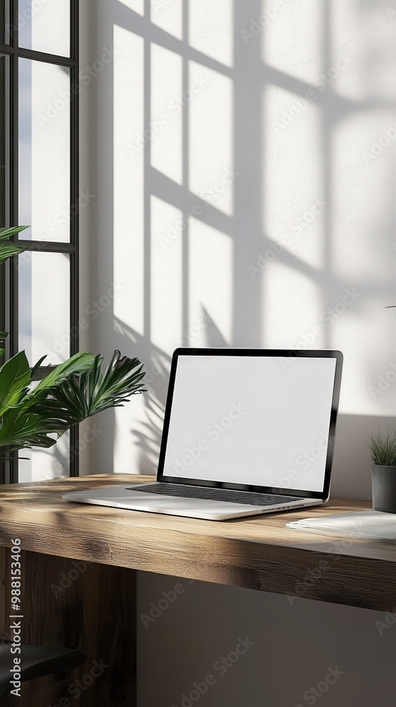 Modern office desk workspace with laptop computer blank screen mockup Modern office desk workspace with laptop computer blank screen mockup