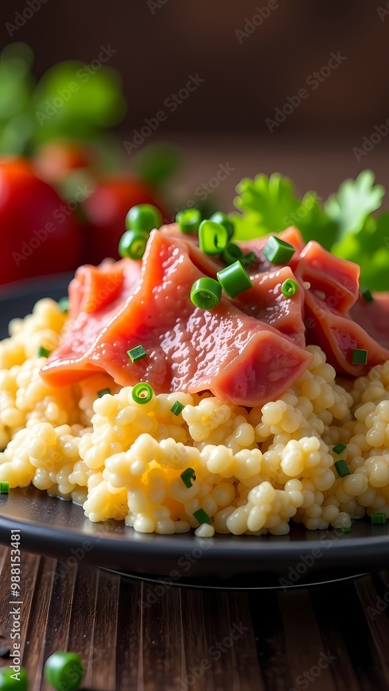 Close-up of a delicious dish featuring couscous, topped with meat and green onions. Close-up of a delicious dish featuring couscous, topped with meat and green onions.