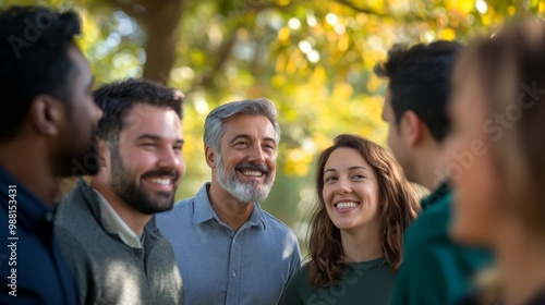 A group of smiling friends enjoy a sunny day outdoors, surrounded by greenery and warm autumn colors, sharing laughter and engaging conversation.