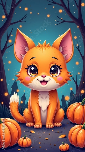 Adorable orange cartoon fox surrounded by pumpkins at night.