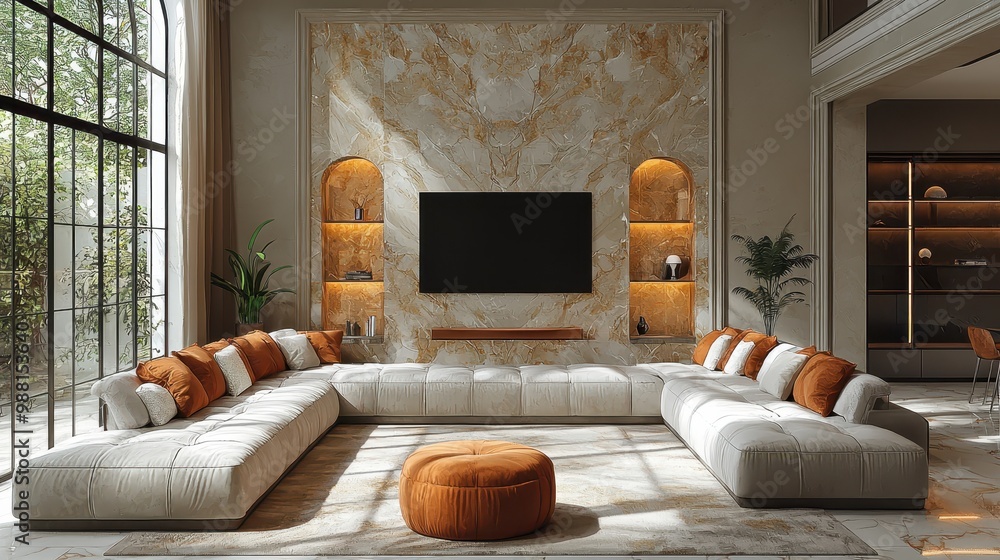 Fototapeta premium Modern Living Room Interior Design with White Sectional Sofa Orange Pillows and TV