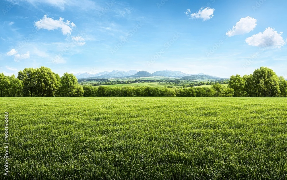 Green field with clear blue sky and mountains Green field with clear blue sky and mountains