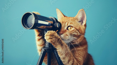 A curious cat peers through a telescope against a blue background, showcasing its inquisitive nature in a charming and humorous pose for animals.