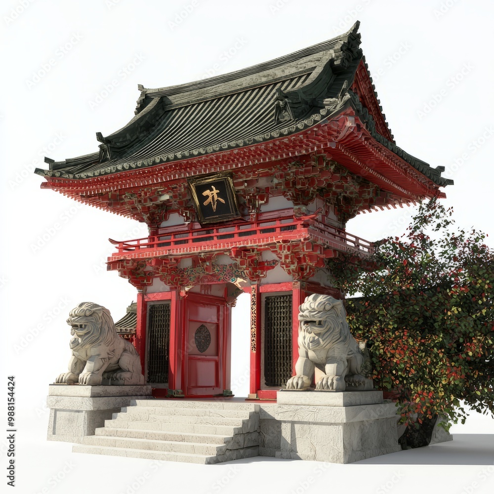 3D Render of a Japanese temple with guardian lion-dog statues (shishi), on isolated white background 3D Render of a Japanese temple with guardian lion-dog statues (shishi), on isolated white background