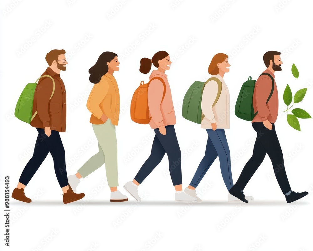 Group of people walking with backpacks. Group of people walking with backpacks.