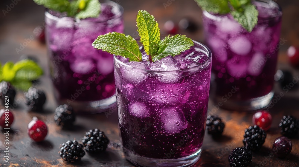 Purple Blackberry Cocktail with Mint Garnish and Ice Cubes Purple Blackberry Cocktail with Mint Garnish and Ice Cubes