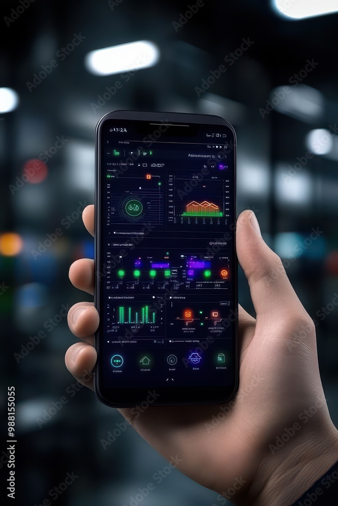 Hand holding smartphone with data analytics screen Hand holding smartphone with data analytics screen