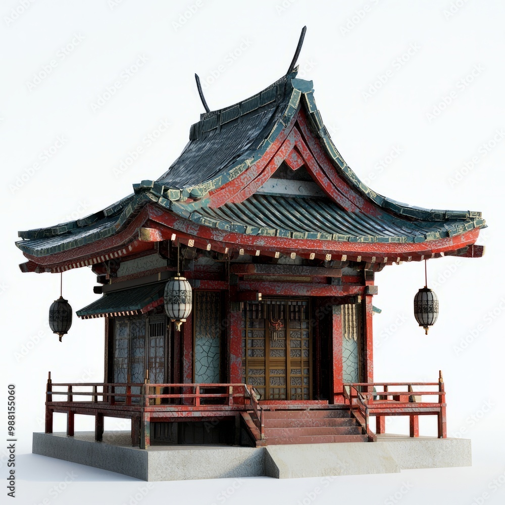 3D Render of a Japanese temple with intricate roof tiles and hanging lanterns, on isolated white background 3D Render of a Japanese temple with intricate roof tiles and hanging lanterns, on isolated white background