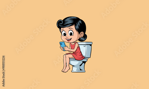 Girl on toilet using phone cartoon vector illustration