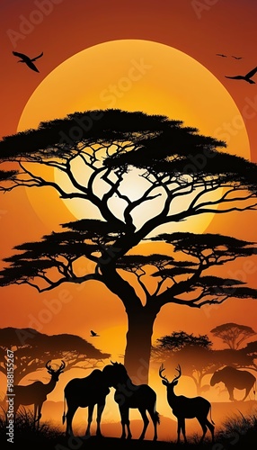 Obraz na płótnie african sun silhouettes animals big landscape sunset birds view wild savanna illustration savanna sunset landscape africa nature bird silhouette acacia sun mountain grass beautiful tree field namibia w salonie