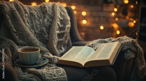 Cozy Autumn Reading Nook with Book and Warm Drink