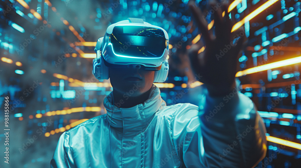 Illustration of a person wearing a futuristic VR headset, interacting with a vibrant digital environment filled with glowing grids and lights for technology.