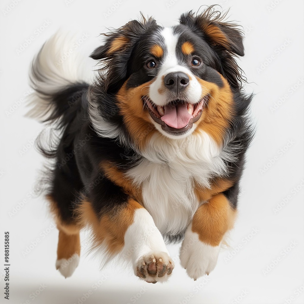 A joyful dog leaping with enthusiasm, showcasing its playful spirit and vibrant fur against a clean white backdrop. A joyful dog leaping with enthusiasm, showcasing its playful spirit and vibrant fur against a clean white backdrop.