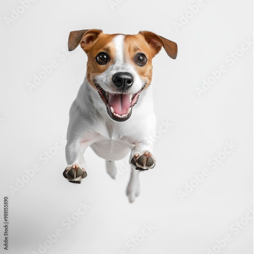 A joyful dog leaps into the air with a big smile, showcasing its playful spirit and energy against a clean, white backdrop.