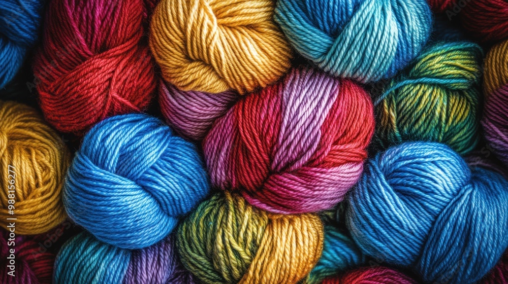 A vibrant collection of multi-colored yarn skeins in bright shades of blue, red, yellow, and green, tightly packed together. A vibrant collection of multi-colored yarn skeins in bright shades of blue, red, yellow, and green, tightly packed together.