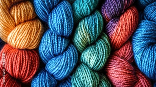 A vibrant collection of multi-colored yarn skeins arranged closely together, featuring bright shades of blue, red, and green.