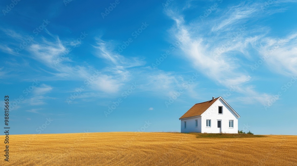 A white house on a sunlit golden field under a vibrant blue sky, evoking the simplicity and beauty of rural living A white house on a sunlit golden field under a vibrant blue sky, evoking the simplicity and beauty of rural living