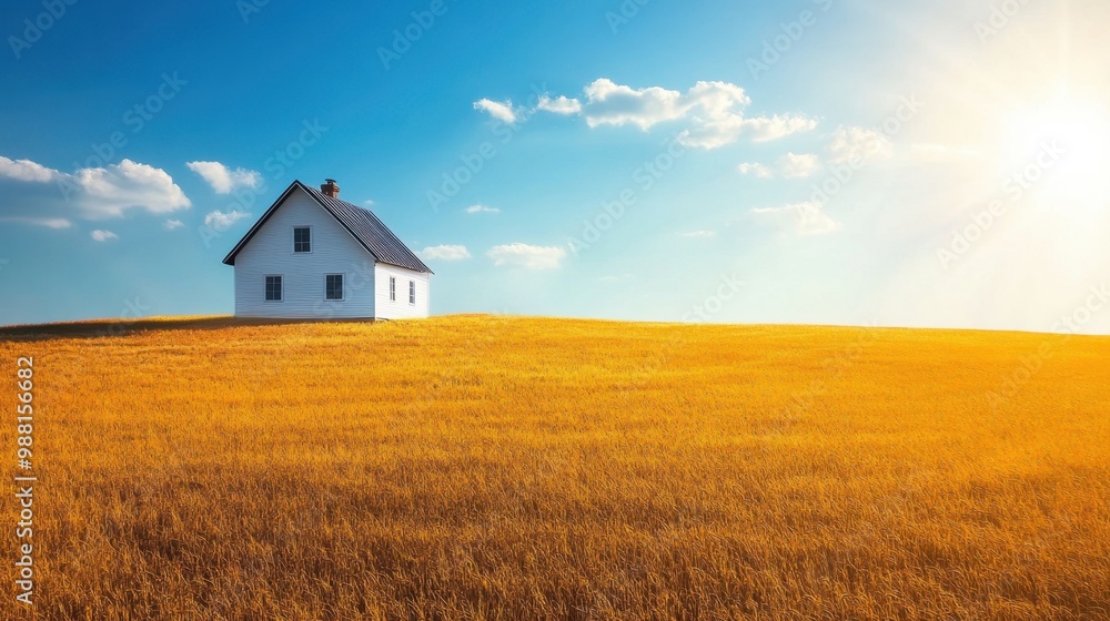 A white house on a sunlit golden field under a vibrant blue sky, evoking the simplicity and beauty of rural living A white house on a sunlit golden field under a vibrant blue sky, evoking the simplicity and beauty of rural living