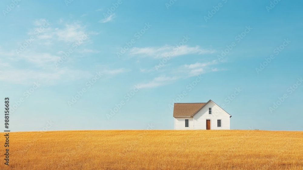 A white house on a sunlit golden field under a vibrant blue sky, evoking the simplicity and beauty of rural living A white house on a sunlit golden field under a vibrant blue sky, evoking the simplicity and beauty of rural living