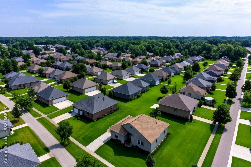 Obraz premium A drone view of a suburban neighborhood, showing rows of homes, green lawns, and tree-lined streets