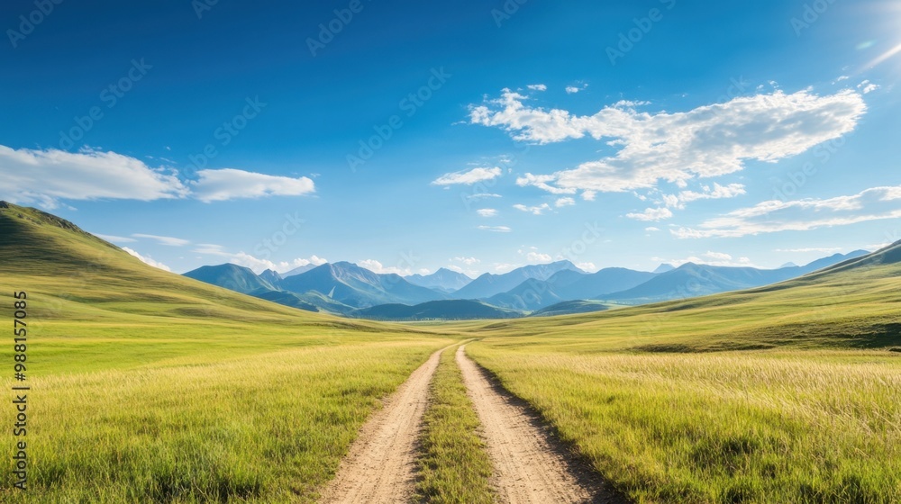 A wide-open grassland with a dirt road leading towards the mountains, all beneath a bright blue sky. Perfect for rural travel scenes A wide-open grassland with a dirt road leading towards the mountains, all beneath a bright blue sky. Perfect for rural travel scenes