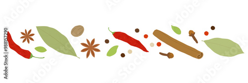 Spices border. Hand drawn vector illustration. Chili pepper, bay leaf, cinnamon stick, peppercorn, clove, star anise, nutmeg, cardamon.