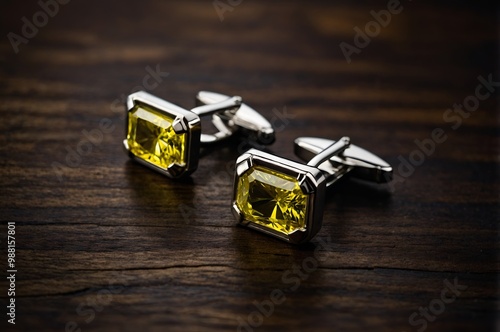 Luxurious yellow gemstone cufflinks resting on a dark wooden surface, blending elegance and sophistication with a timeless fashion accessory for formal occasions.