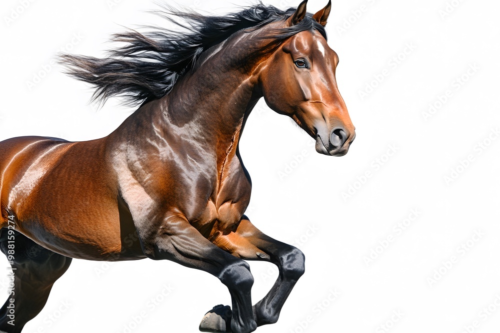 Fototapeta premium A brown horse with a black mane and tail runs on a white background.