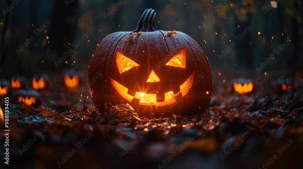 Glowing Jack-o-Lantern Surrounded by Mysterious Pumpkins in Eerie Outdoor Setting with Copy Space Glowing Jack-o-Lantern Surrounded by Mysterious Pumpkins in Eerie Outdoor Setting with Copy Space
