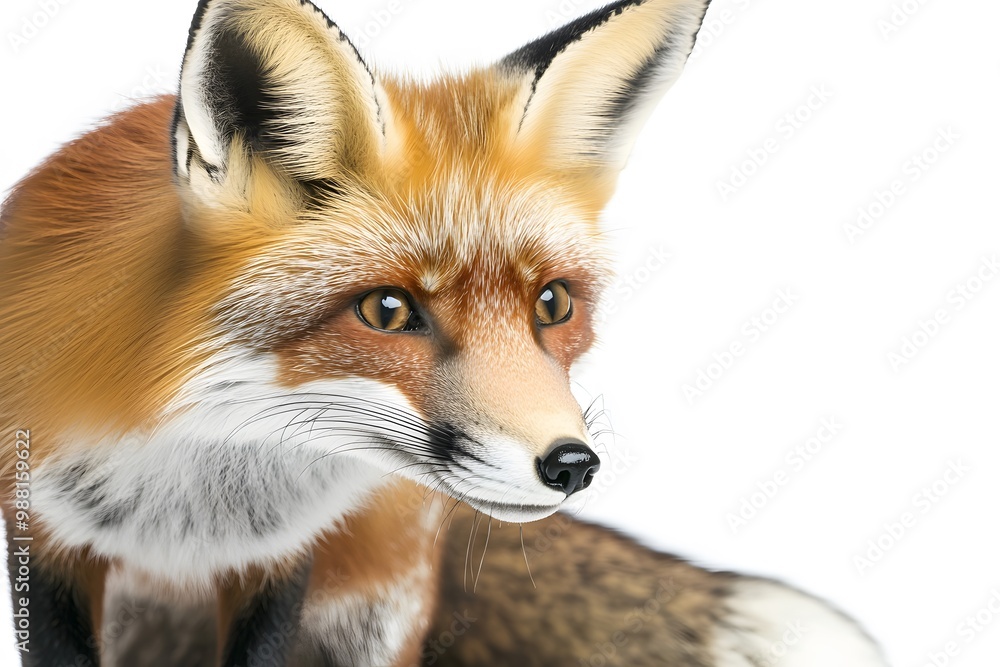 Close-up portrait of a red fox with piercing amber eyes, looking to the side against a white background. Close-up portrait of a red fox with piercing amber eyes, looking to the side against a white background.
