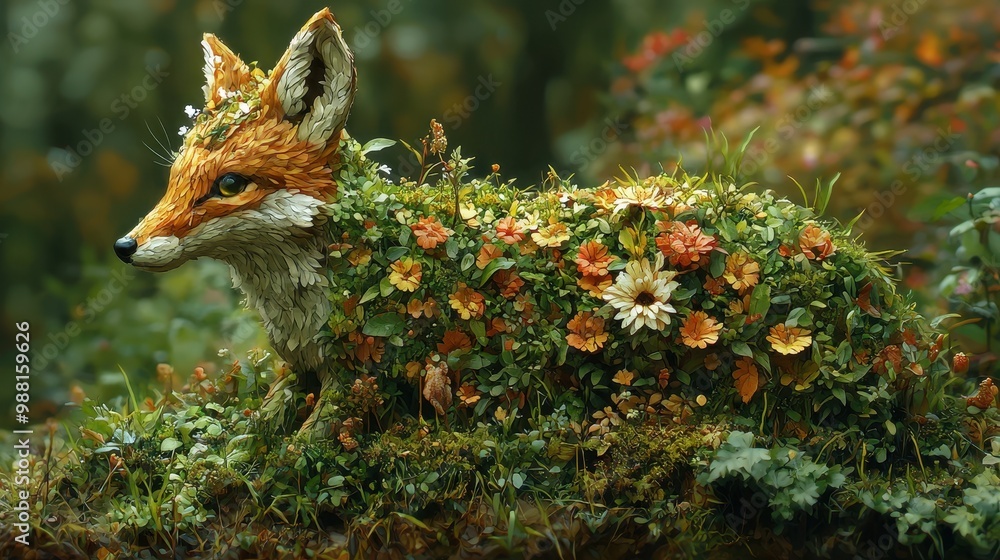 Fototapeta premium Fox Camouflaged in Flowers and Foliage