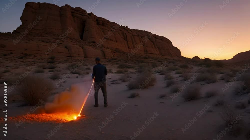 As the man approaches the majestic desert arch, bathed in the warm hues of the evening glow, he raises his torch high, casting a flickering light that dances across the rugged surface of the rock, rev As the man approaches the majestic desert arch, bathed in the warm hues of the evening glow, he raises his torch high, casting a flickering light that dances across the rugged surface of the rock, rev