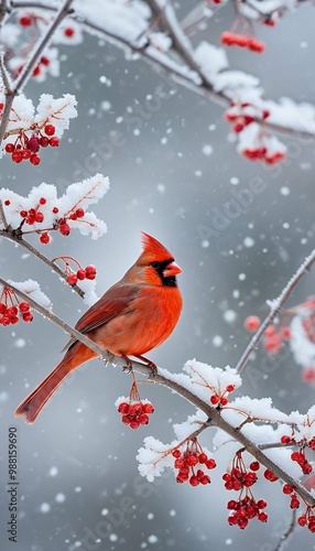 b holiday tree berries branch red christmas cardinal frosty bird banner winter red snow  cardinal bird red winter christmas card snow snowy banner frosty tree scene berry holiday header panorama