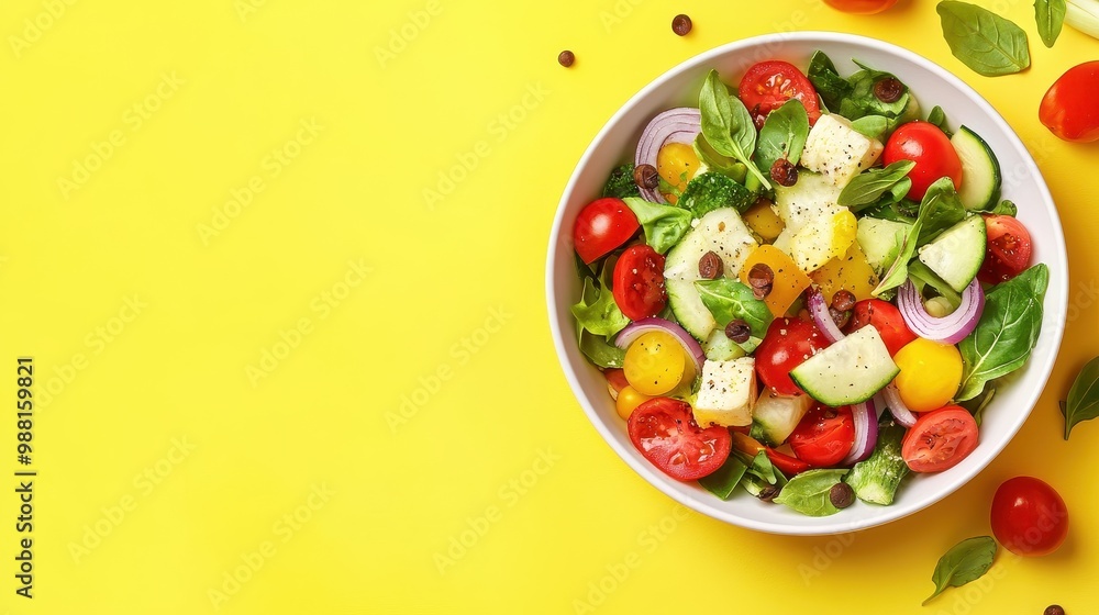 Vibrant and Nutritious Mediterranean Salad on Yellow Background Vibrant and Nutritious Mediterranean Salad on Yellow Background