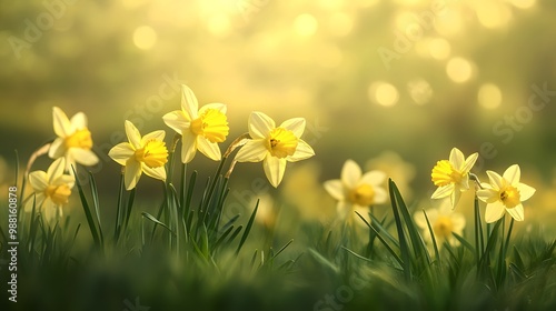 Soft glowing daffodils in the foreground with a blurred floral backdrop, gently illuminated by natural light