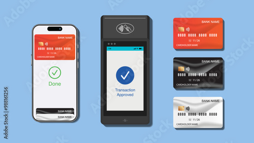 NFC Tap Card Payment with Smartphone, Credit Card, and Contactless Terminal. Vector Illustration for Seamless Transactions.