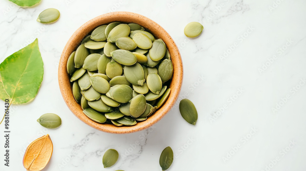 Handful of pumpkin seeds in ceramic dish, surrounded by leaves, showcasing their natural green color and texture. Perfect for healthy snacking or culinary use Handful of pumpkin seeds in ceramic dish, surrounded by leaves, showcasing their natural green color and texture. Perfect for healthy snacking or culinary use