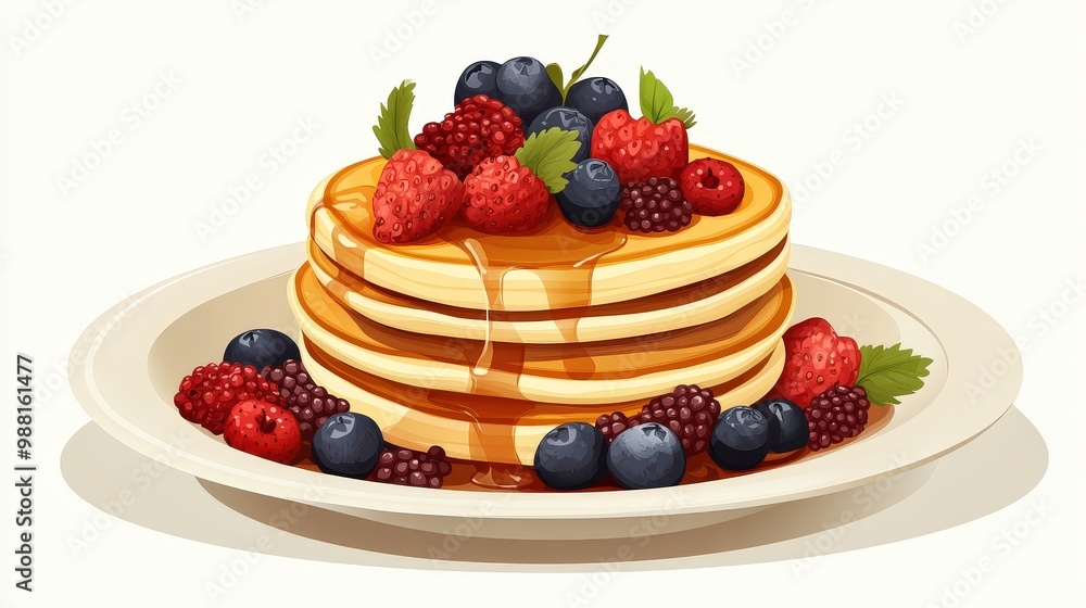 Fresh Pancakes with Berries and Fruits on Plate in Modern Flat Vector Style Fresh Pancakes with Berries and Fruits on Plate in Modern Flat Vector Style