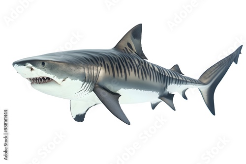 Tiger shark with a striped pattern, isolated on white background.