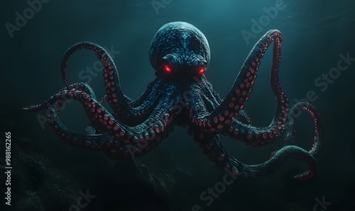 A monstrous, dark octopus with red eyes floats menacingly in the depths of the ocean.
