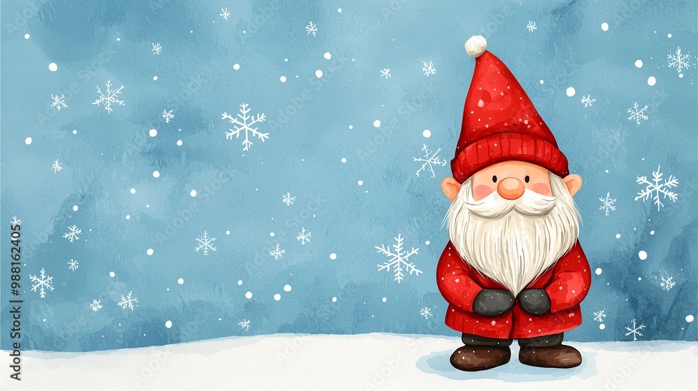 Gnome in a snowy winter scene with falling snowflakes. Gnome in a snowy winter scene with falling snowflakes.