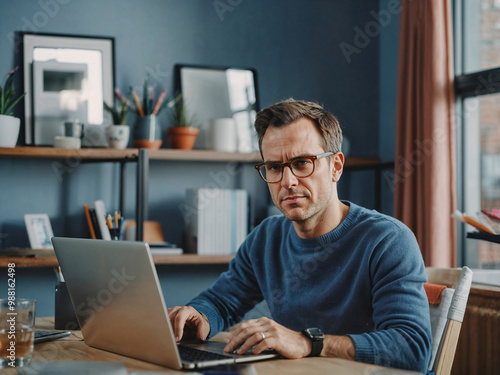 A handsome Caucasian man works on his laptop in a cozy living room. As a freelancer, he works from home, browsing the internet, using social media, and enjoying the relaxed atmosphere of his apartment