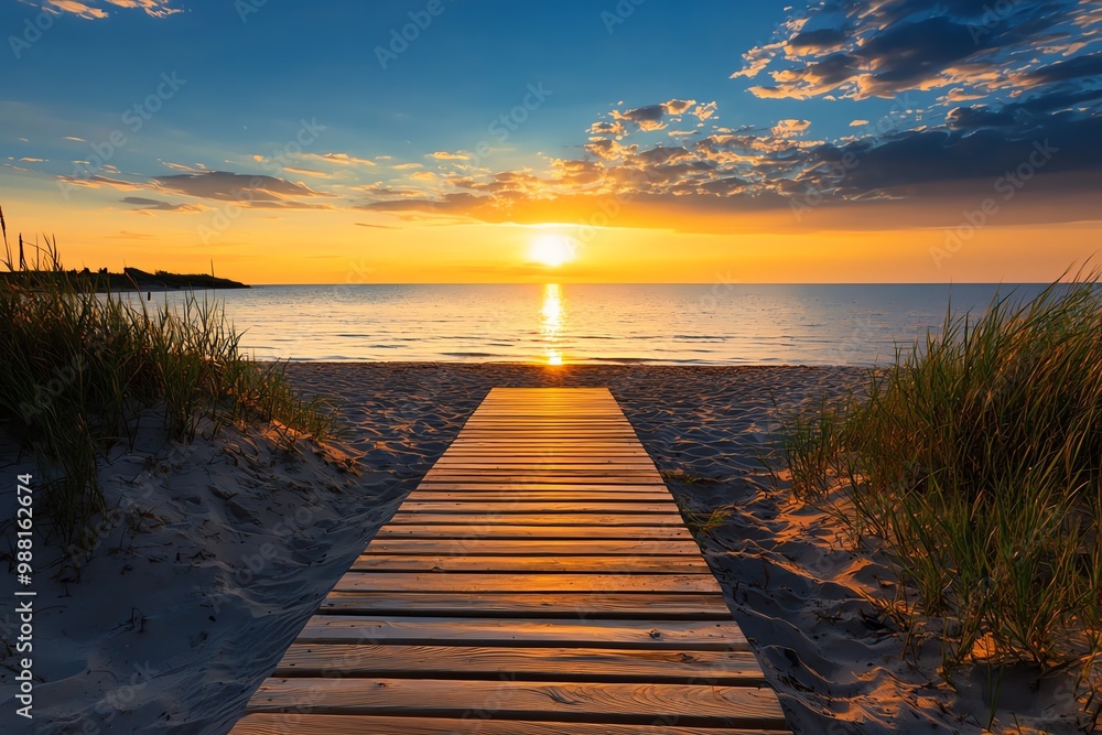 Fototapeta premium Wooden pathway through sandy dunes leading to a scenic beach sunset with calm waves and clear skies.