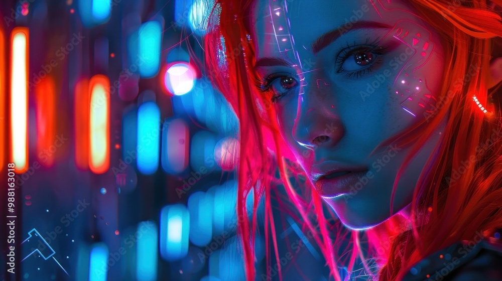 Futuristic portrait of red-haired woman with neon lights and cyberpunk elements ai generated image Futuristic portrait of red-haired woman with neon lights and cyberpunk elements ai generated image